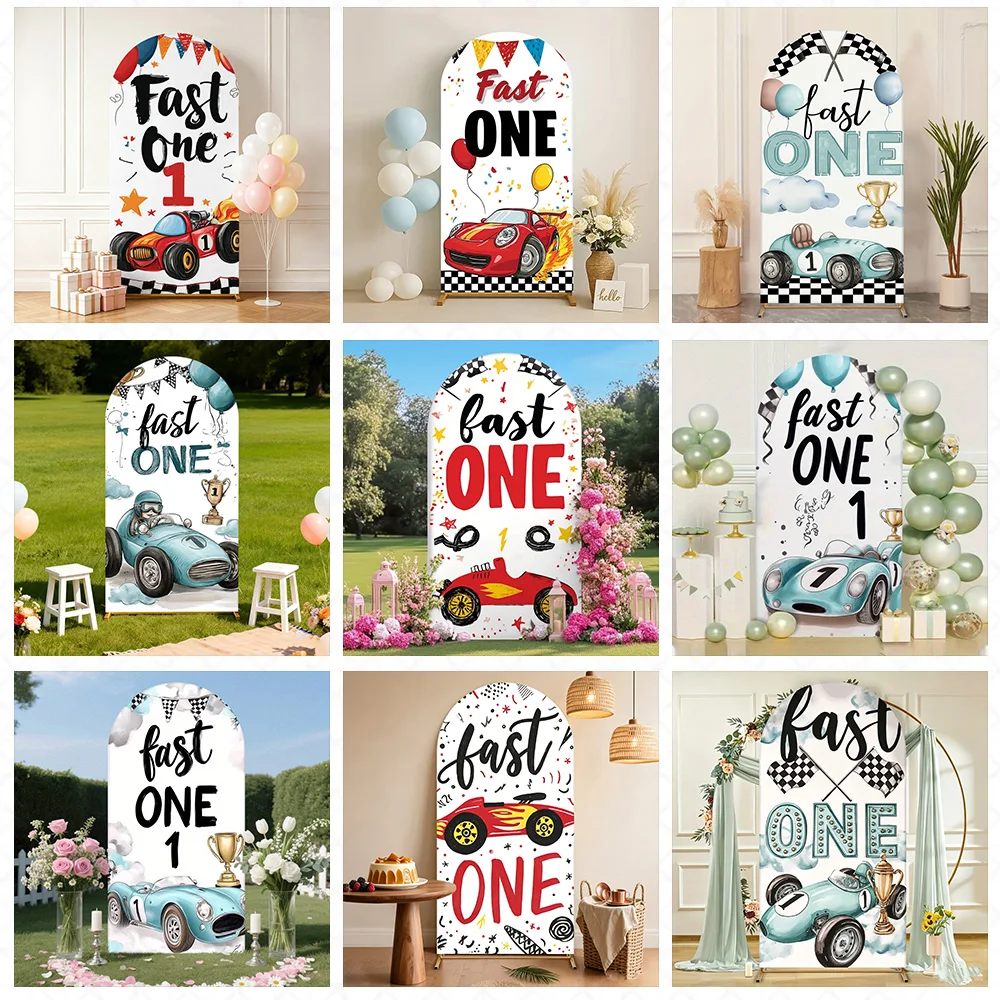 Fast One Racing Birthday Party Banner Backdrop for Boy Kids Race Car Happy 1st Birthday Arch Background Cover DIY Name Age Props