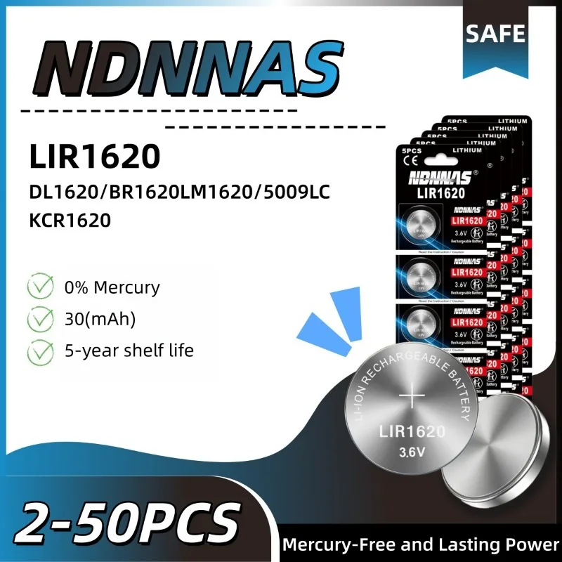 

LIR1620 3.6V Rechargeable Lithium Battery 2-50PCS, Compatible with CR1620 Button Cell