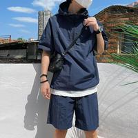 2Pcs/Set Men Casual Outfit Hooded Short Sleeve T-shirt Zipper Neckline Elastic Waist Wide Leg Shorts Set Loose Fit Outfit