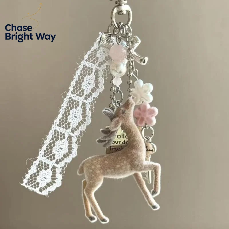 Cute Flocked Deer Keychain with Delicate Pearl Bow Flower Pendant Secure Snap Clasp Decor for Tote Bag Ideal Gift for Kids