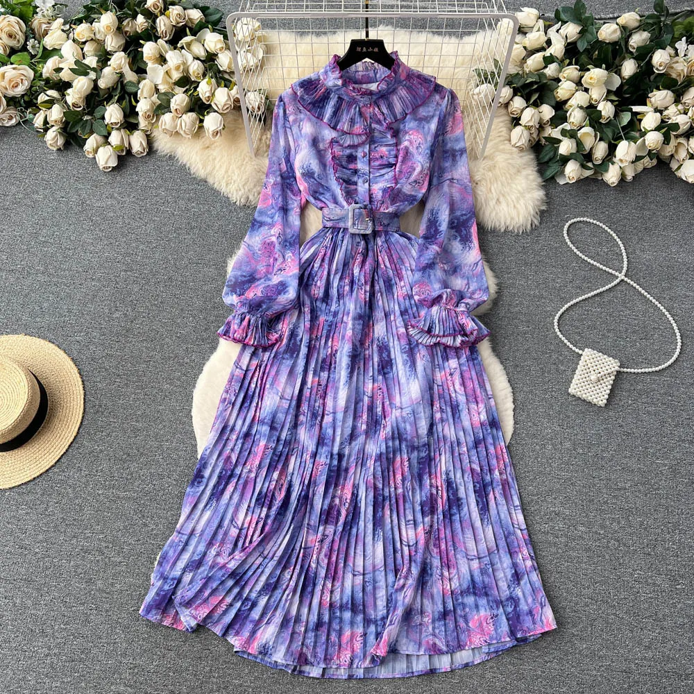 

Retro Elegant Autumn Edible Tree Fungus Patchwork Long Sleeves Print Chiffon Dress A-line French Vintage Vacation Women Dresses