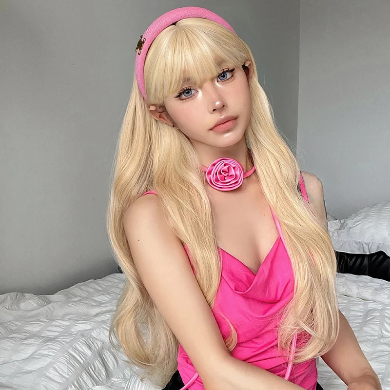 Synthetic Wigs Long Blonde Wavy with Bangs Lolita Cosplay Blonde Halloween Natural Wave Hair Wigs for White Women Heat Resistant