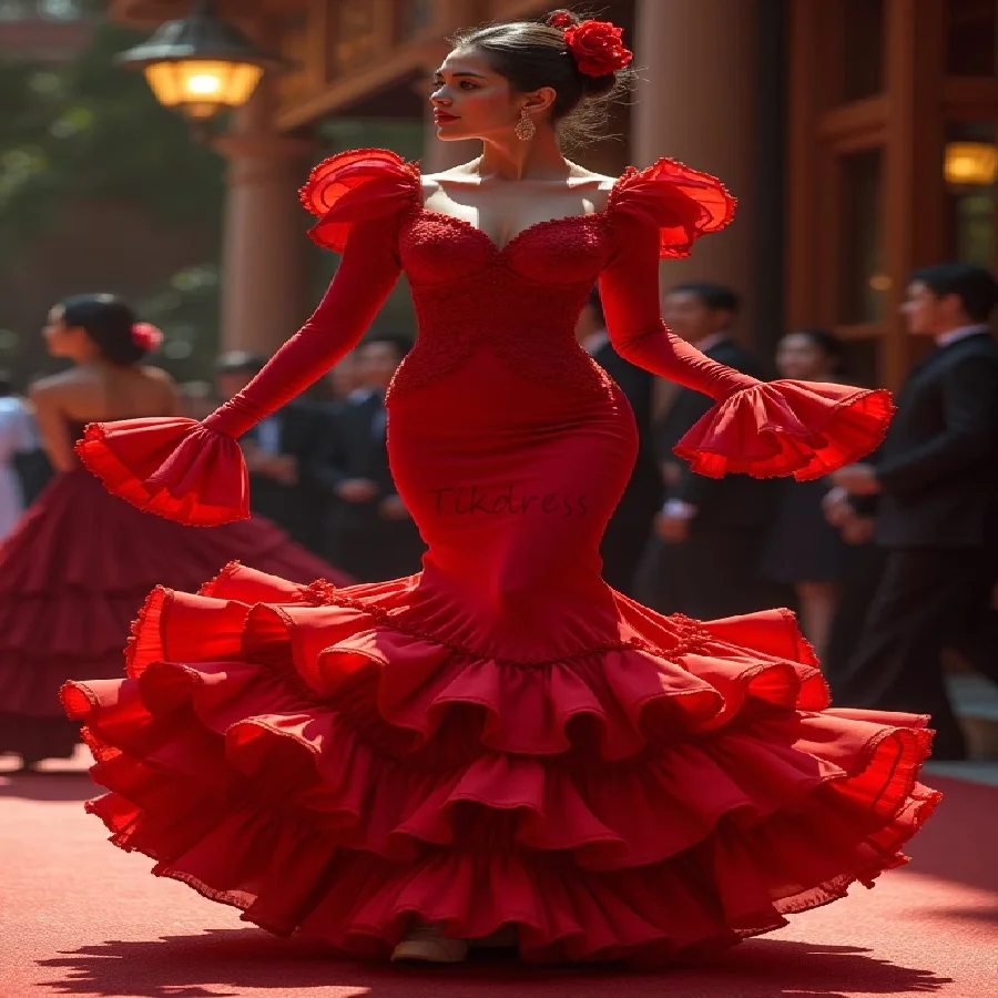 Prachtige rode zeemeermin galajurk 2025, trapsgewijze kanten avondjurk met lange mouwen, Spaanse flamenco formele dansjurk op maat