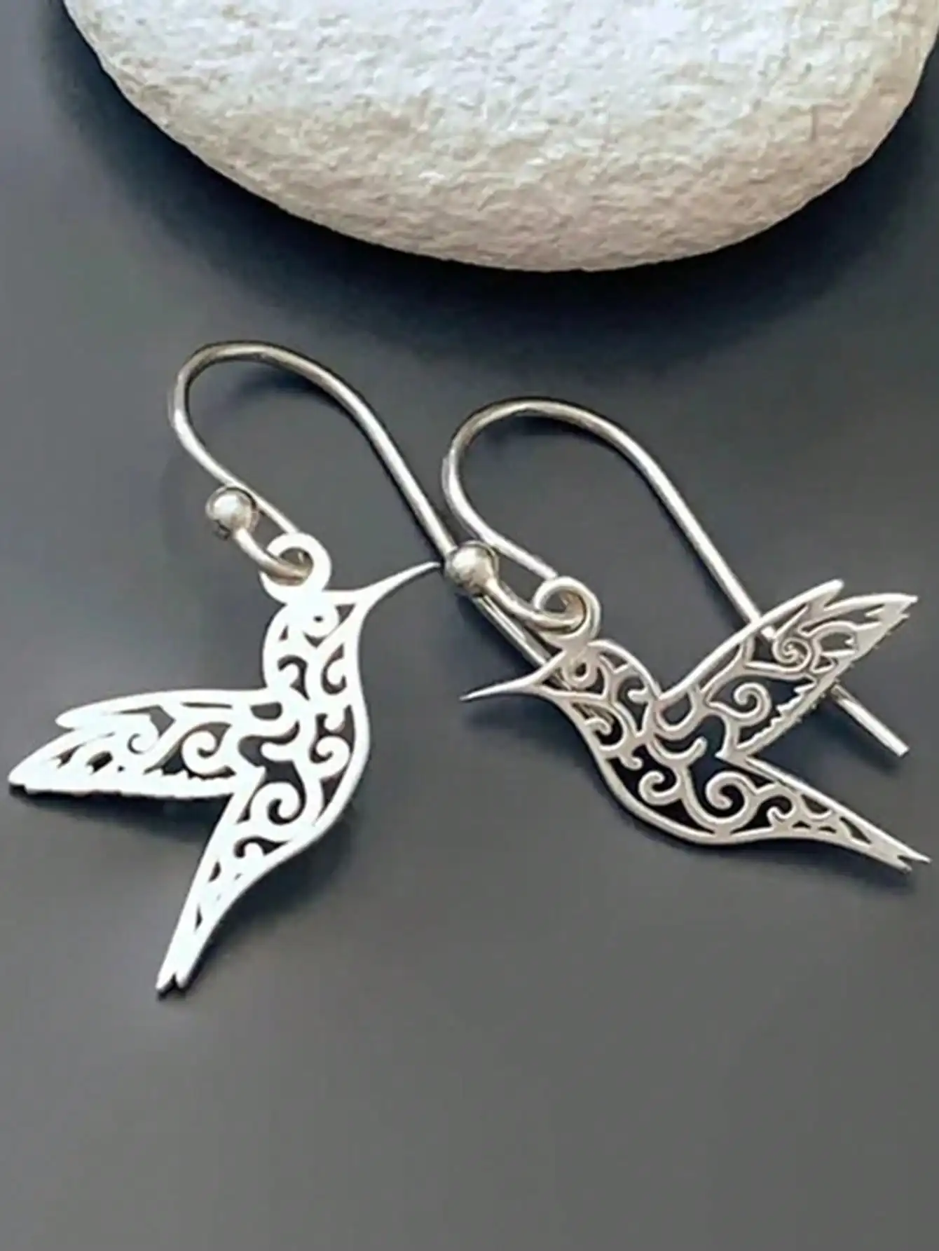 

Silver Filigree Hummingbird Drop Earrings with Hook Closure