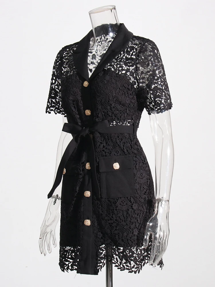 TWOTWINSTYLE Solid Spliced Bnutton Slimming Dresses For Women Lapel Short Sleeve High Waist Spliced Lace Up Dress Female Fashion