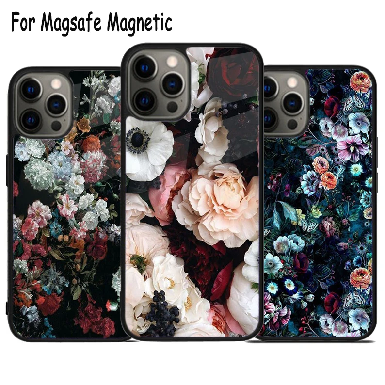 Midnight Garden Moody florals Wireless Charge Magsafe Phone Case For iPhone 15 16 14 13 11 12 Pro Max Plus Magnetic Bumper Cover