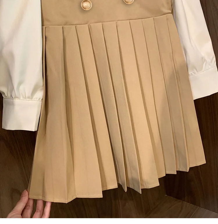 Fashion Autumn Baby Girls School Wears Brown Beige Patchwork Puff Sleeves Dresses Bowknot Decorated Zipper Pleated Skirts