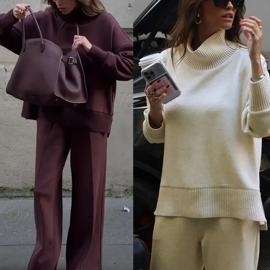 

Свитер BWQ, комплект из 2 предметов, женская мусульманская водолазка, топ, широкие брюки, костюм с карманами, повседневный ансамбль, трикотаж, наряды