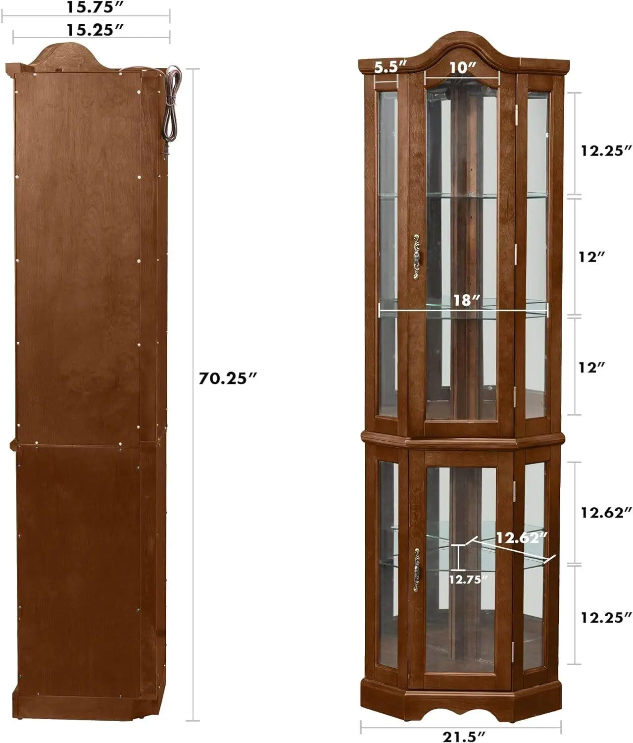 Walnut Corner Curio Cabinet with Lights, Adjustable Glass Shelves & Mirrored Back - Display Storage (E26 Bulb Not Included)