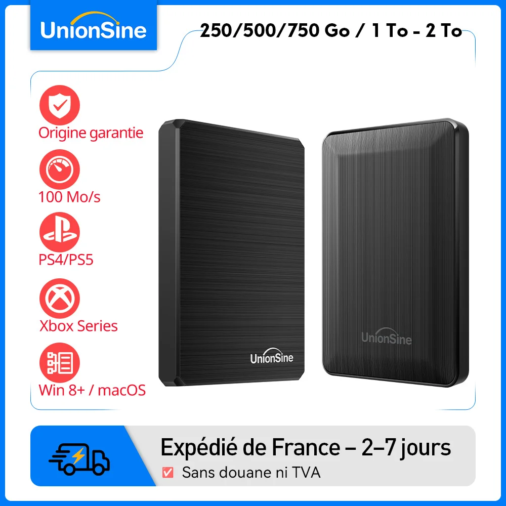 Disque dur externe portable UnionSine 250 Go – 2 To, compatible PS4/PS5/Xbox/PC/Mac. Parfait pour TV, photos, jeux. 100 Mo/s. Une solution de stockage économique.
