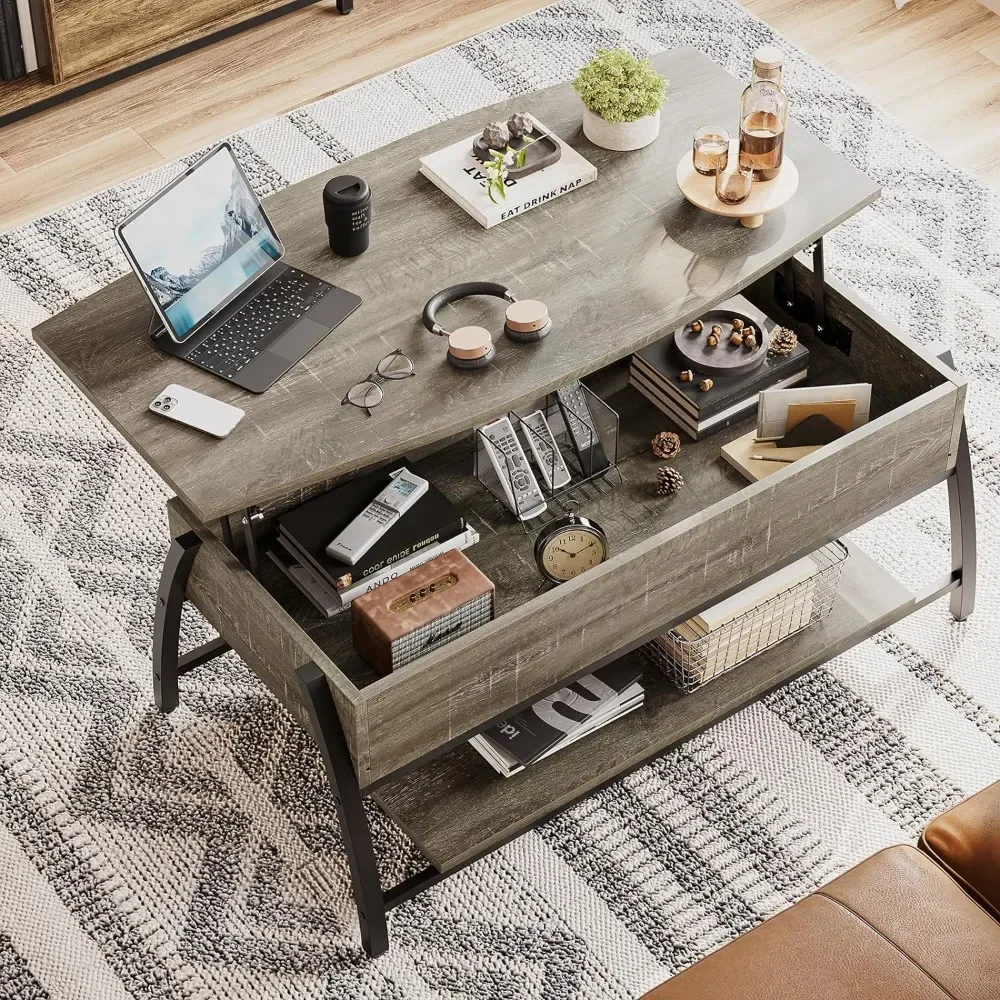 Coffee Table With Storage Industrial Mesh Shelve Space-Saver Coffee Table
