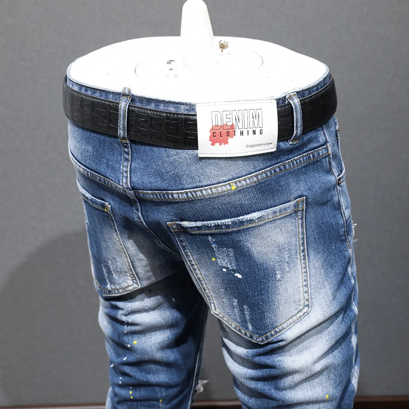 Fashion Streetwear Men Jeans Retro Blue Elastic Stretch Slim Fit Ripped Jeans Men Patchwork Designer Vintage Denim Pants Hombre