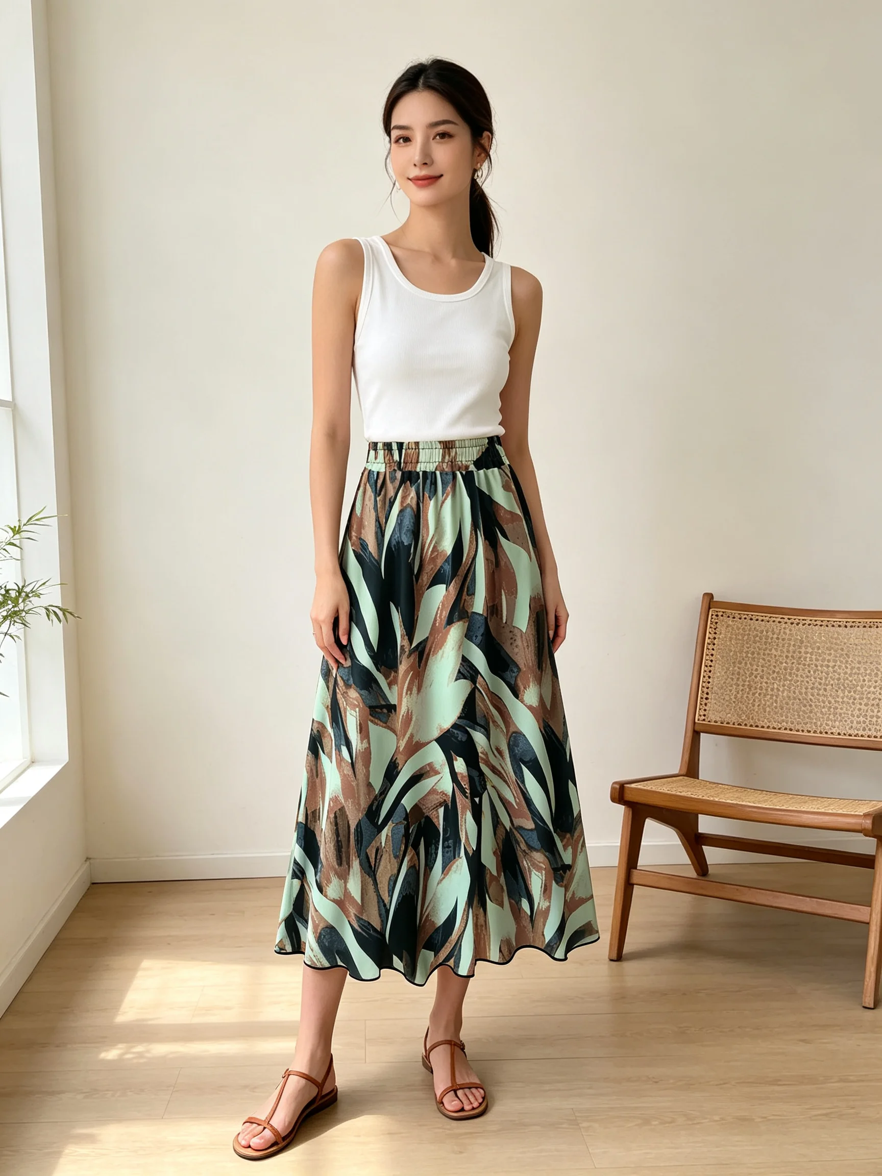Plus Size Women's Elastic Waist Color Block Printed Long Flared Skirt