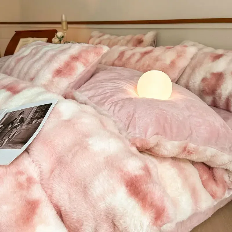 4pc Winter Bed Sheet Set Warm Milk Velvet Rabbit Velvet Duvet Cover Thickened Double-sided Flannel Bed Blanket Coral Bedding Set