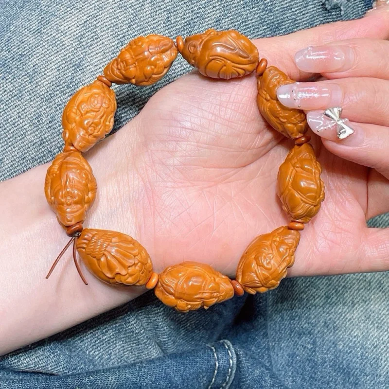 Natural Olive Nut God of Wealth Hand Carved Money Drawing Pi Xiu Stone Carving Bracelet