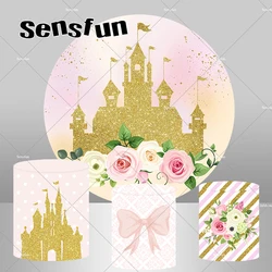 Gold Glitter Castle Princess Birthday Party Round Backdrop Cover Flower Bow Girls Baby Shower Newborn Background Cylinder Covers