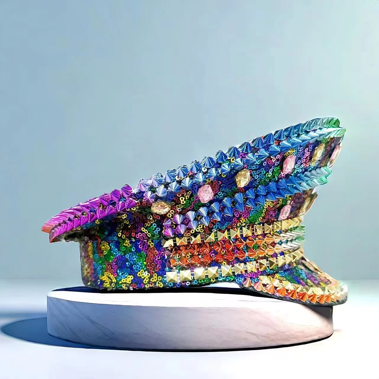 홍루안 옐로우 레이저 가죽 루프 캡틴 모자, 여성용 라인스톤 & 밀리터리 캡, 레이브 페스티벌 액세서리 & 파티 캡 남성용