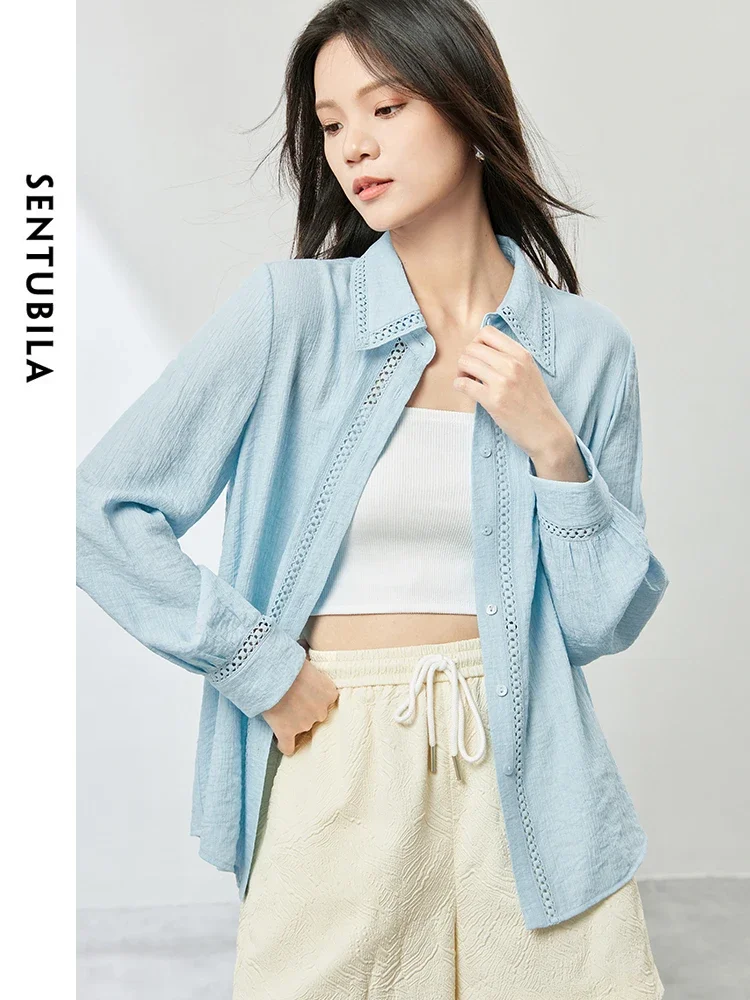 

SENTUBILA Textured Blue Shirt Women 2025 Spring Korean Fashion Office Lady Button Down Shirt Blouse Long Sleeve Tops 141C53736