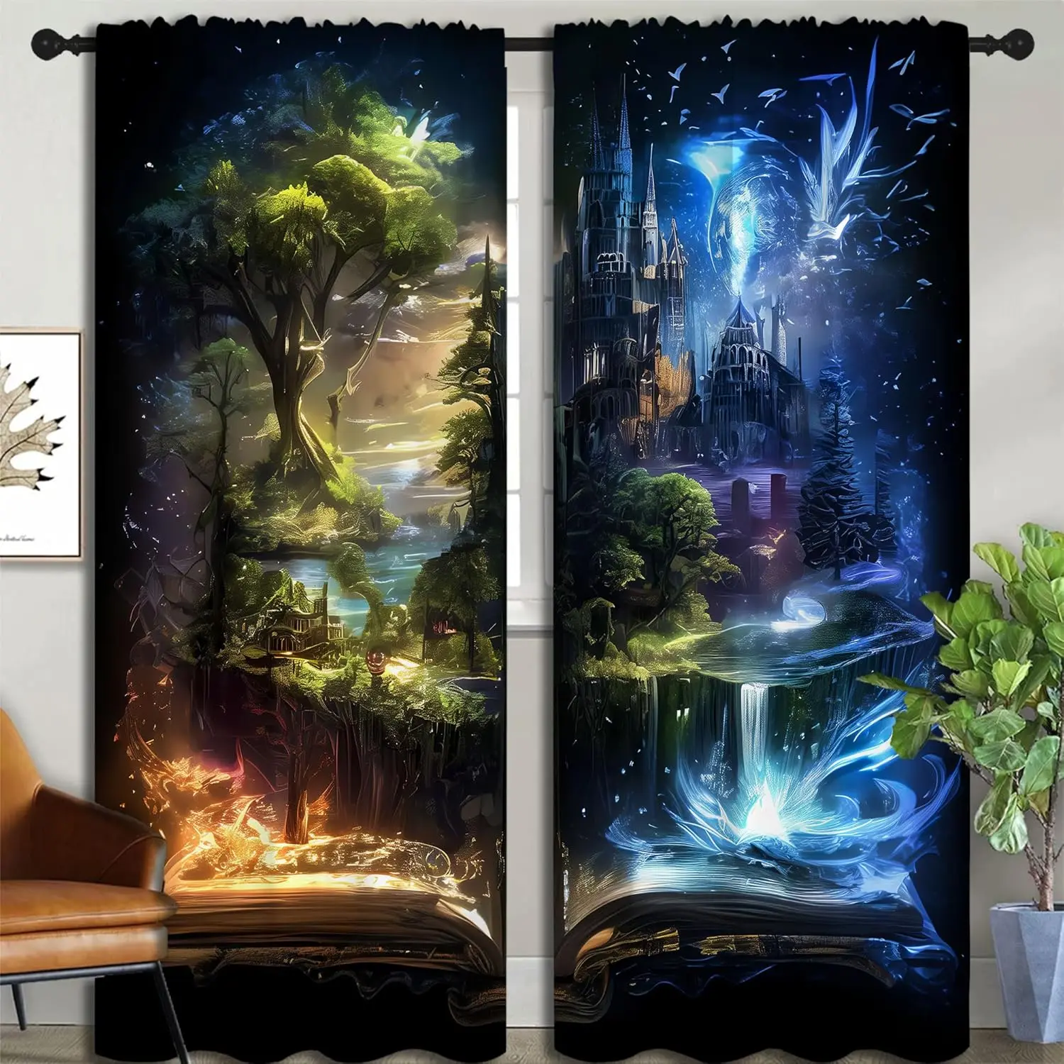 Magic Castle Blackout Curtains for Boys Girl Bedroom Decor,Blue Aurora Mysterious Anime Style Thermal Insulated Rod Pocket