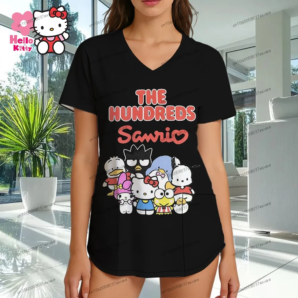 

Tees V Neck Y2k Tops Hello Kitty Leisure Sanrio Kawaii Women's Nurse Uniform T-shirt Short Sleeve 2026 New Summer Shirts Lovely