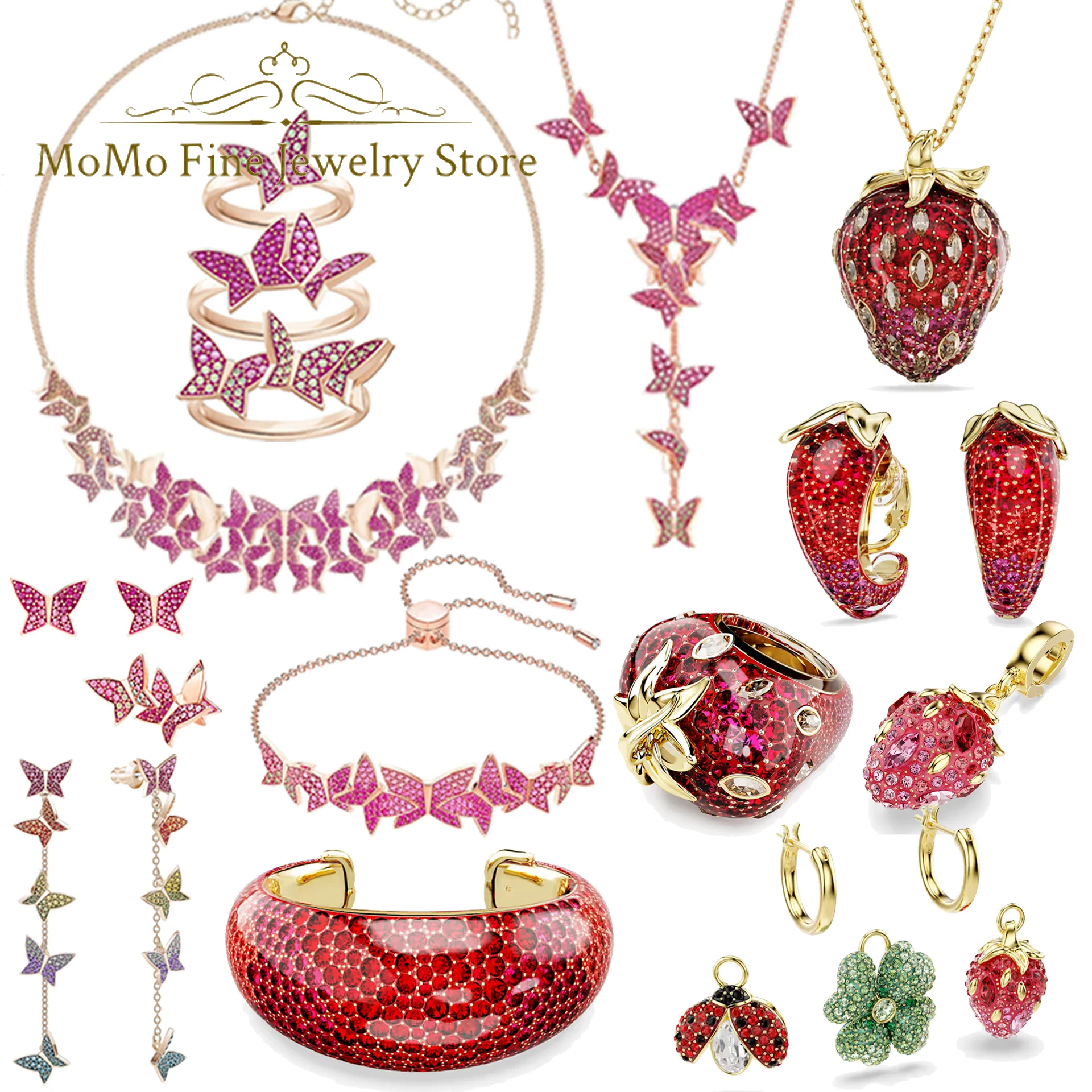 

2026 High Quality Fine Party Jewelry Set Charm Pink Blue Butterfly Crystal Fashion Necklace Ring Earrings Romantic Gift forWomen