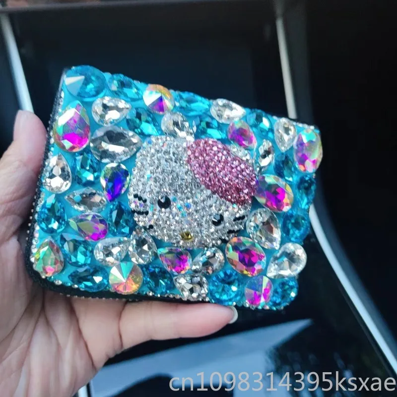 Hello Kitty Luxury Card Holder for Women Genuine Leather Rhinestone Decoration Multi Card Slot Purse Handbag Zipper Fashion Gift