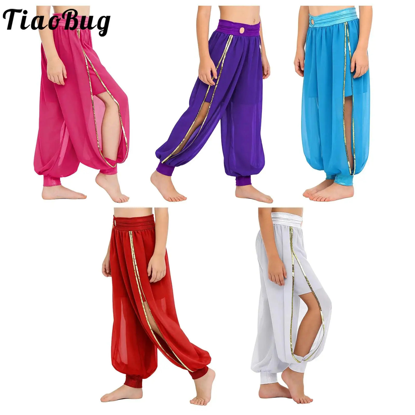 

Kid Girls Belly Dance Harem Pants Halloween Carnival Costume Sequin Tassel Trouser Tribal Arabic Dance Performance Bloomers Pant