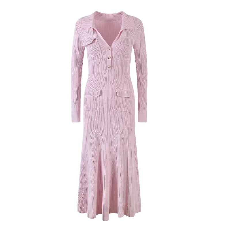 Puff Sleeve V-neck Knitted Dress 2023 spring pink New Commuter Midi Skirt High Waist Slim Fit Sexy Dresses