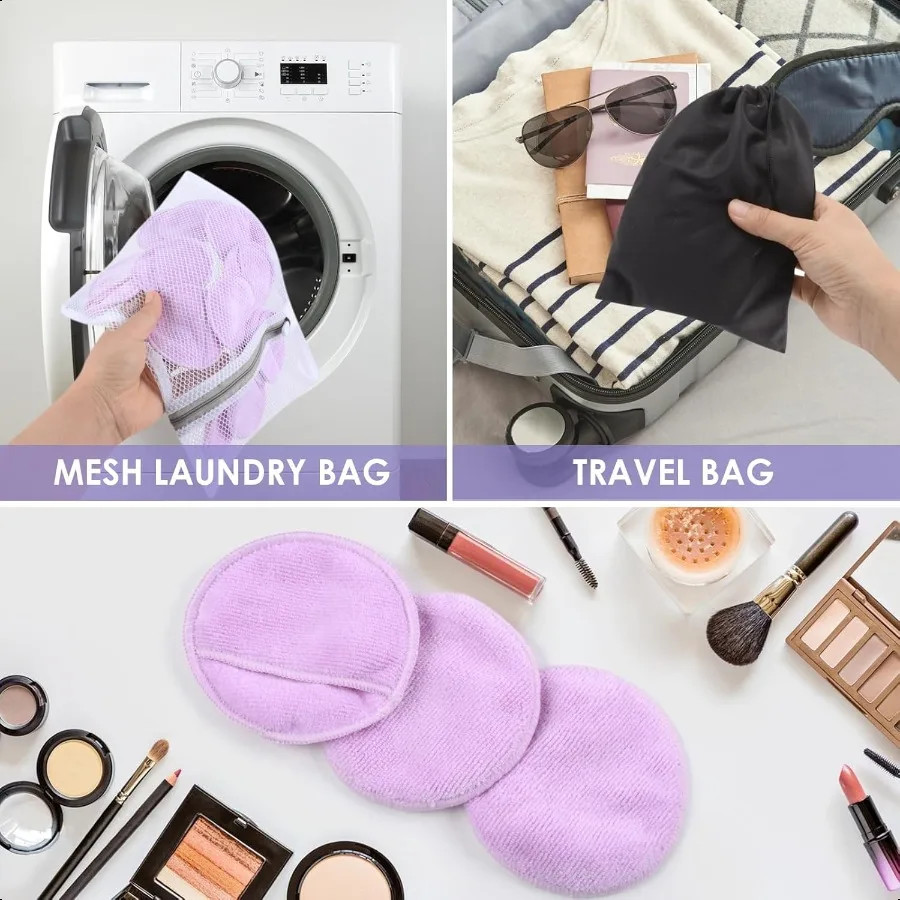 وسادات إزالة المكياج القابلة لإعادة الاستخدام لشفاه عين الوجه 16 عبوة من قفازات تنظيف الوجه المصنوعة من الألياف الدقيقة قابلة للغسل مع حقيبة الغسيل وحقيبة السفر