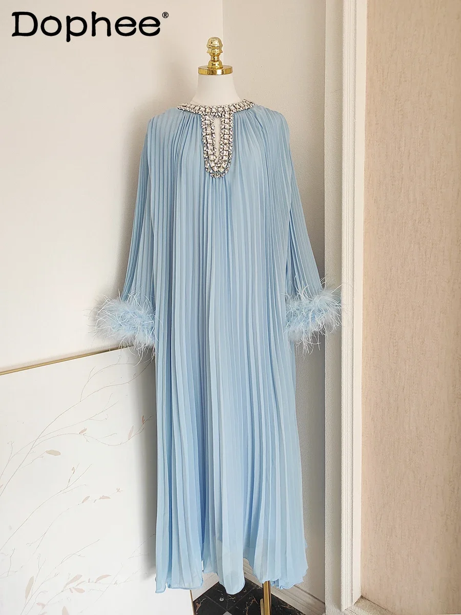 

2024 Autumn New French Temperament Diamond Beaded Feather Splicing Organ Pleated Loose Long Dress Vintage Dress for Women