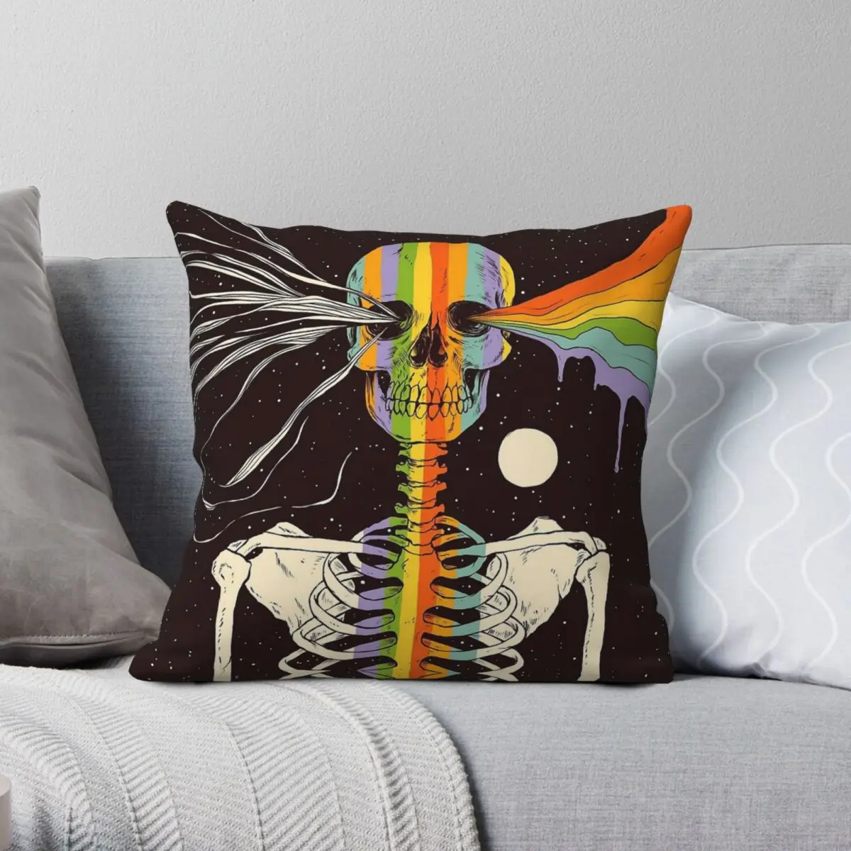 Skull Skeleton Existence Surrealism Square Pillowcase Polyester Linen Velvet Printed Zip Decorative Bed Cushion Cover