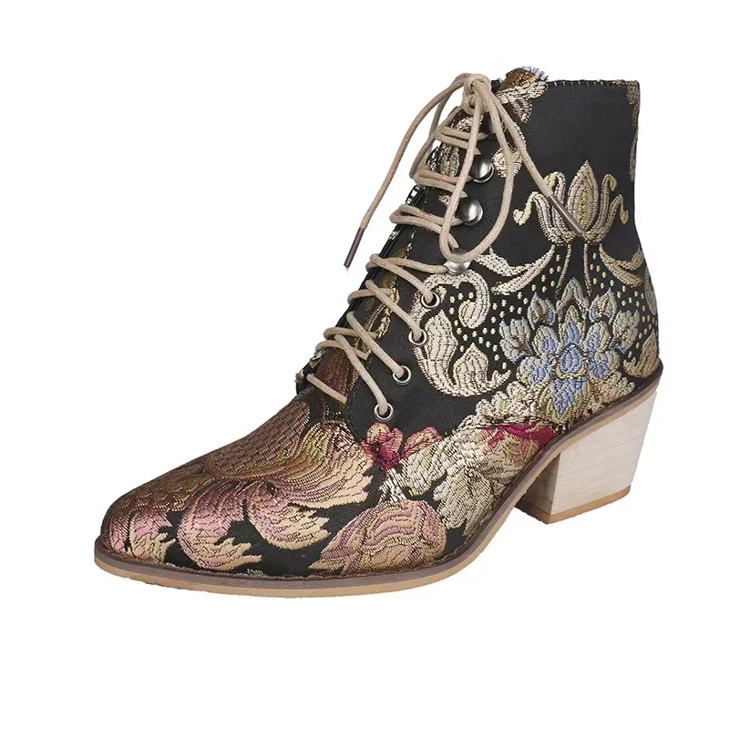 Ethnic Ladies Boots 2024 Spring Winter Embroidery Pointed-toe Platform Heels Ladies Fashion Ankle Boots for Women Botas De Mujer