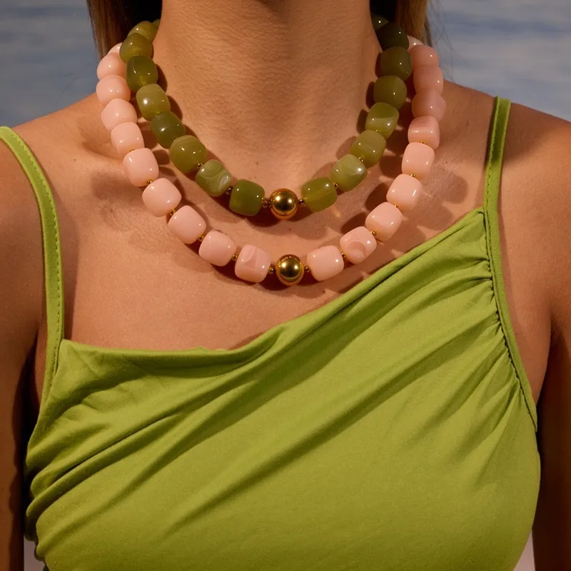 

Bohemian Square Beaded Choker Necklace Stainless Steel Handmade Jewelry Natural Stone Adjustable Chain Vintage Choker