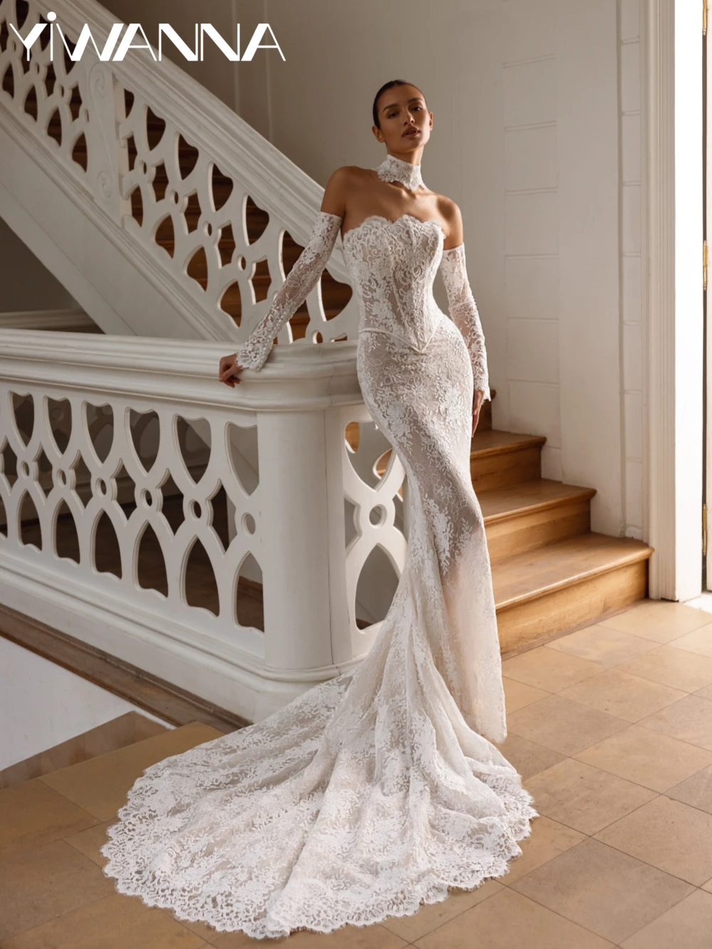 

With Corset Lace Mermaid Long Wedding Dress Detachable Sleeve Strapless Bridal Gown Customized Graceful Dresses For Bride