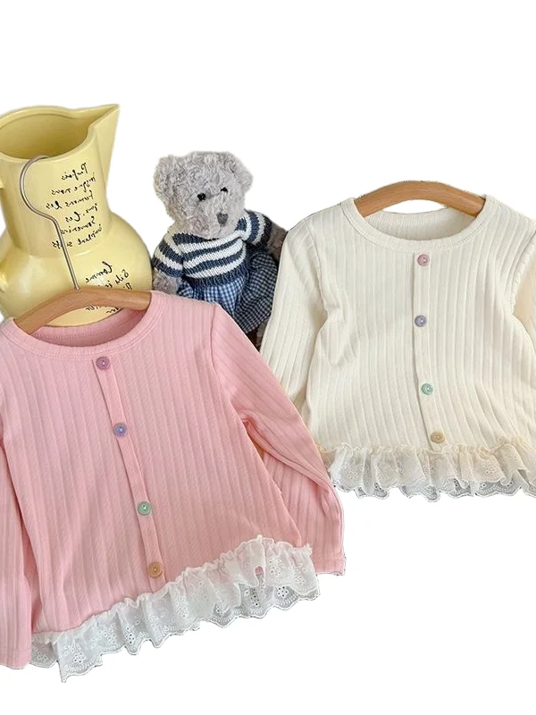 تي شيرت Sweet Girl طويل Sve مع أزرار من الدانتيل بتصميم زهرة صينية Sle لون نقي متعدد الاستخدامات...