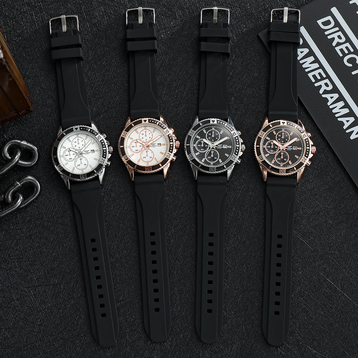 

Cross border new sports and leisure fashion alloy silicone scale three eye calendar men's youth quartz watch