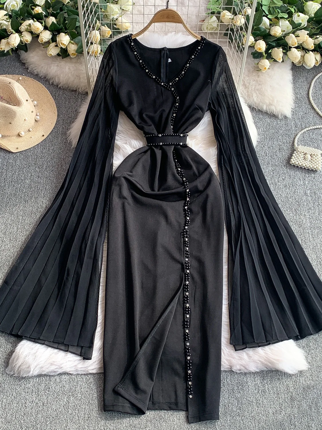 Ele V-ne Long Dr Women's Summer Waist-cinching Ele Flared Sve Dr Luxury Heavy Embelliment Knee-length