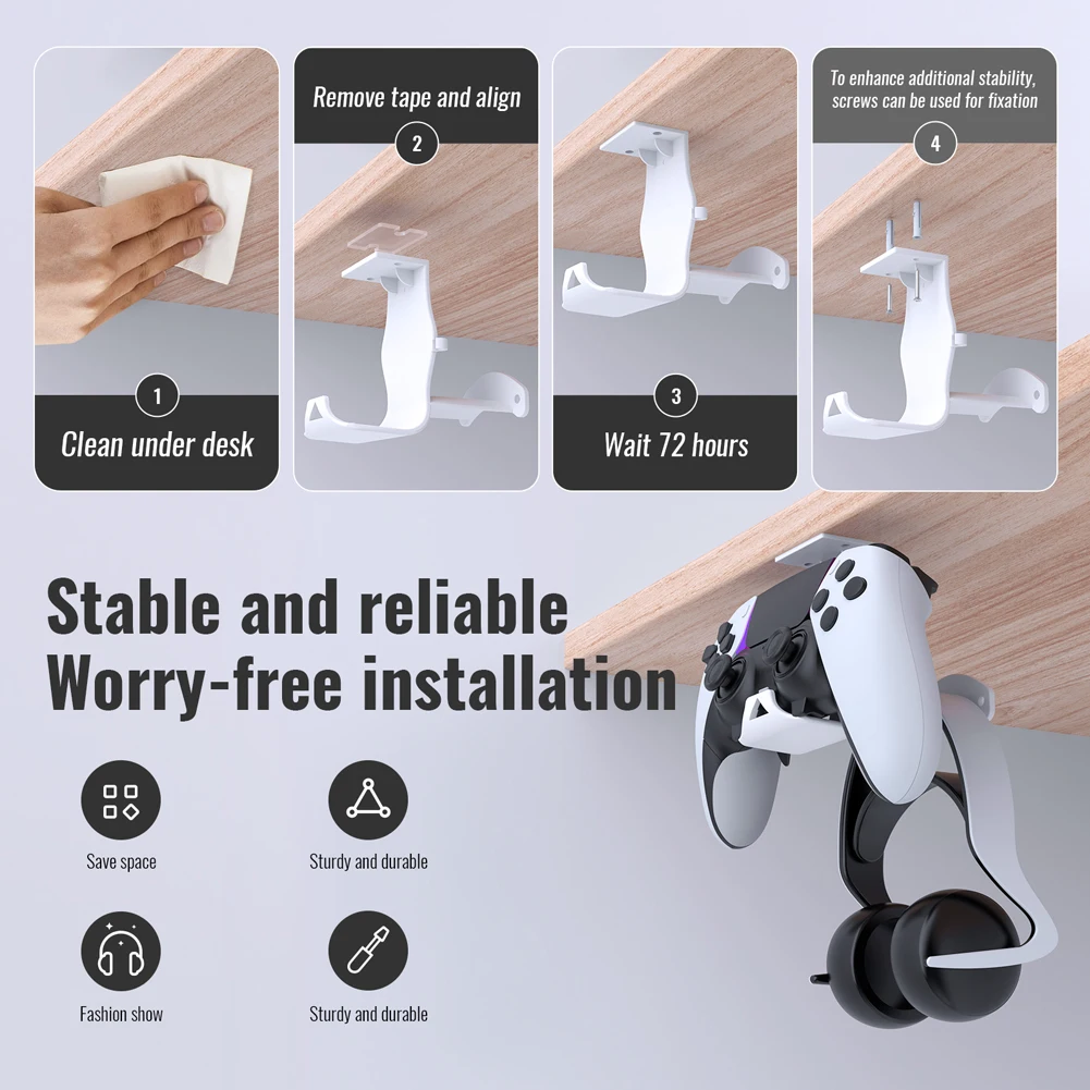 

Under Desk/Wall Mount Universal Game Controller Mount Holder Hanger with Headphone Hanger Controller Holder for Switch Pro/PS5