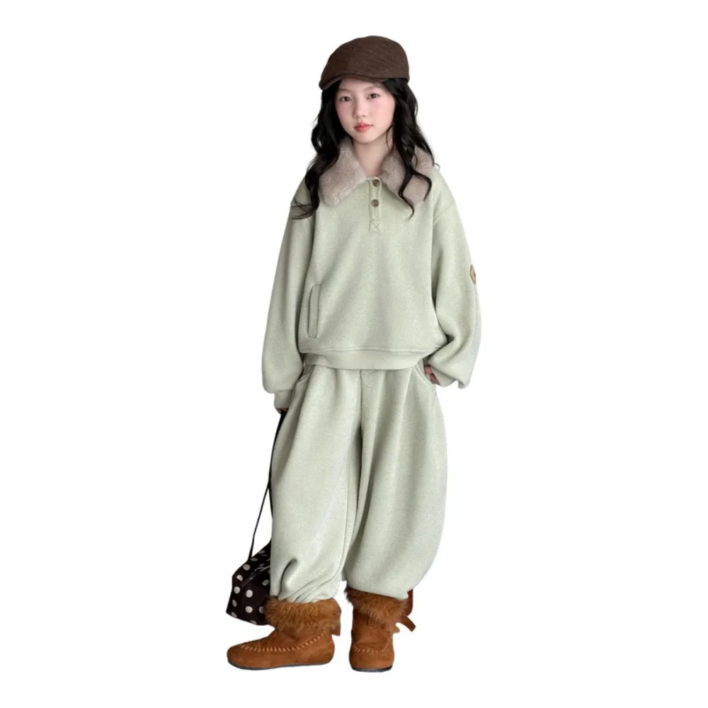 Girls Fleece Hooded Sweatshirt Set Zip Wide Leg Pants 2 Piece 2026 FW Warm High Traffic for 120-160cm