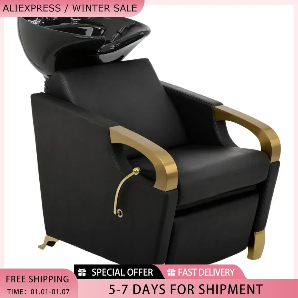 Gold Shampoo Backwash Unit for Professional Salons, Durable Brushed Rests & Feet, Extra Wide Seat, Tilting Shampoo Bowl in Black