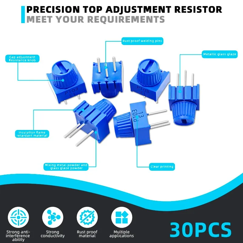 30PCS 3386P-1-103 10K Ohm Breadboard Trim Potentiometer Kit with Knob Blue Variable Resistors Trimmer Potentiometer