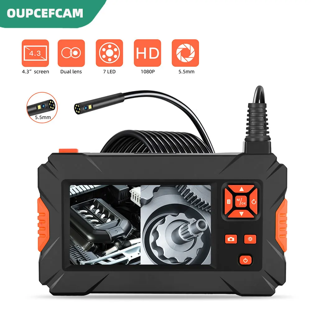 5.5mm HD Dual Lens Pipeline Industrial Endoscope 4.3 Inch IPS Screen Car Engine Maintenance Camera Hard Snake Cable Borescope