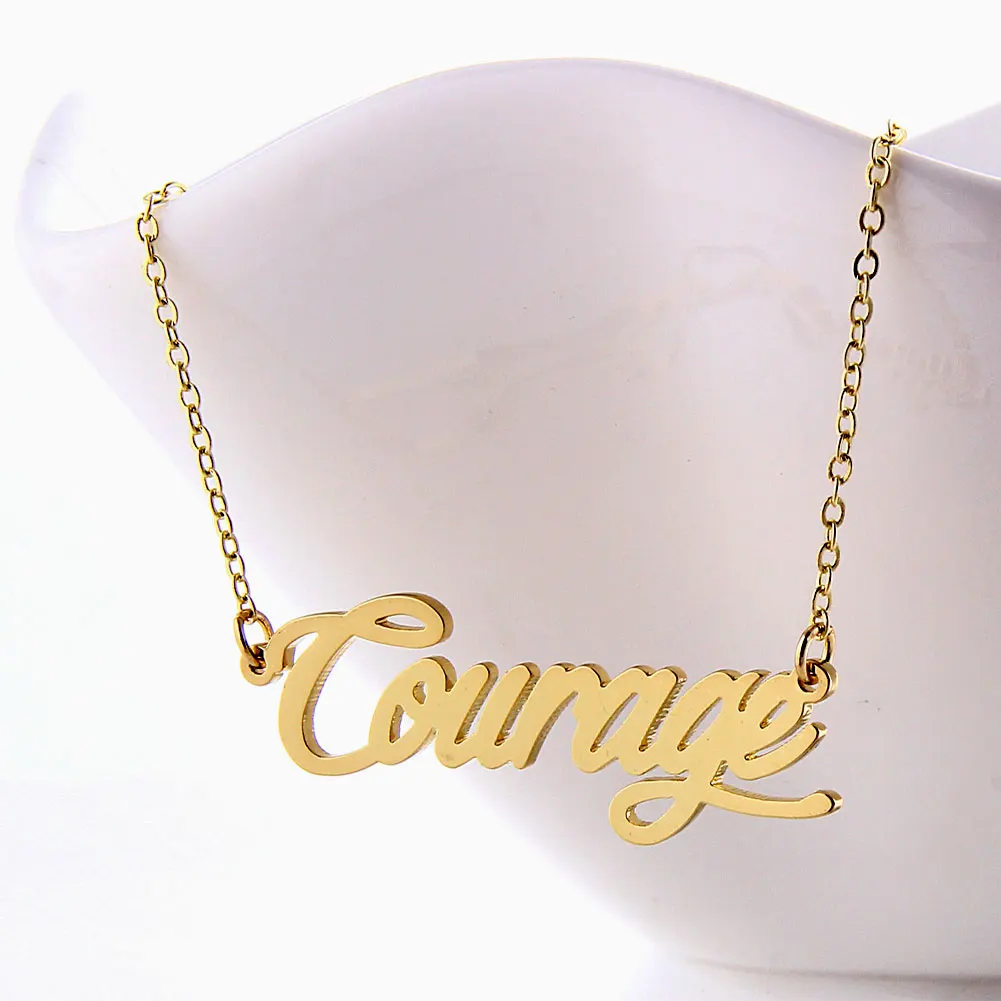 

AOLOSHOW Gold Color Stainless Steel Courage Name Necklace for Women's Jewelry Pendant Letter Charms Choker Party Gift