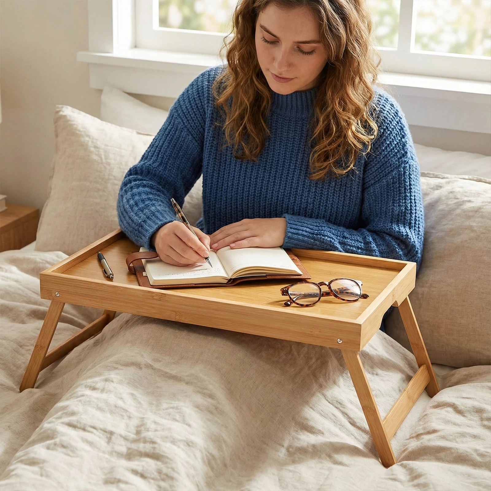 

Портативный многофункциональный бамбуковый столик для ноутбука с откидными ножками, поднос для завтрака в постели, для еды, закусок и работы