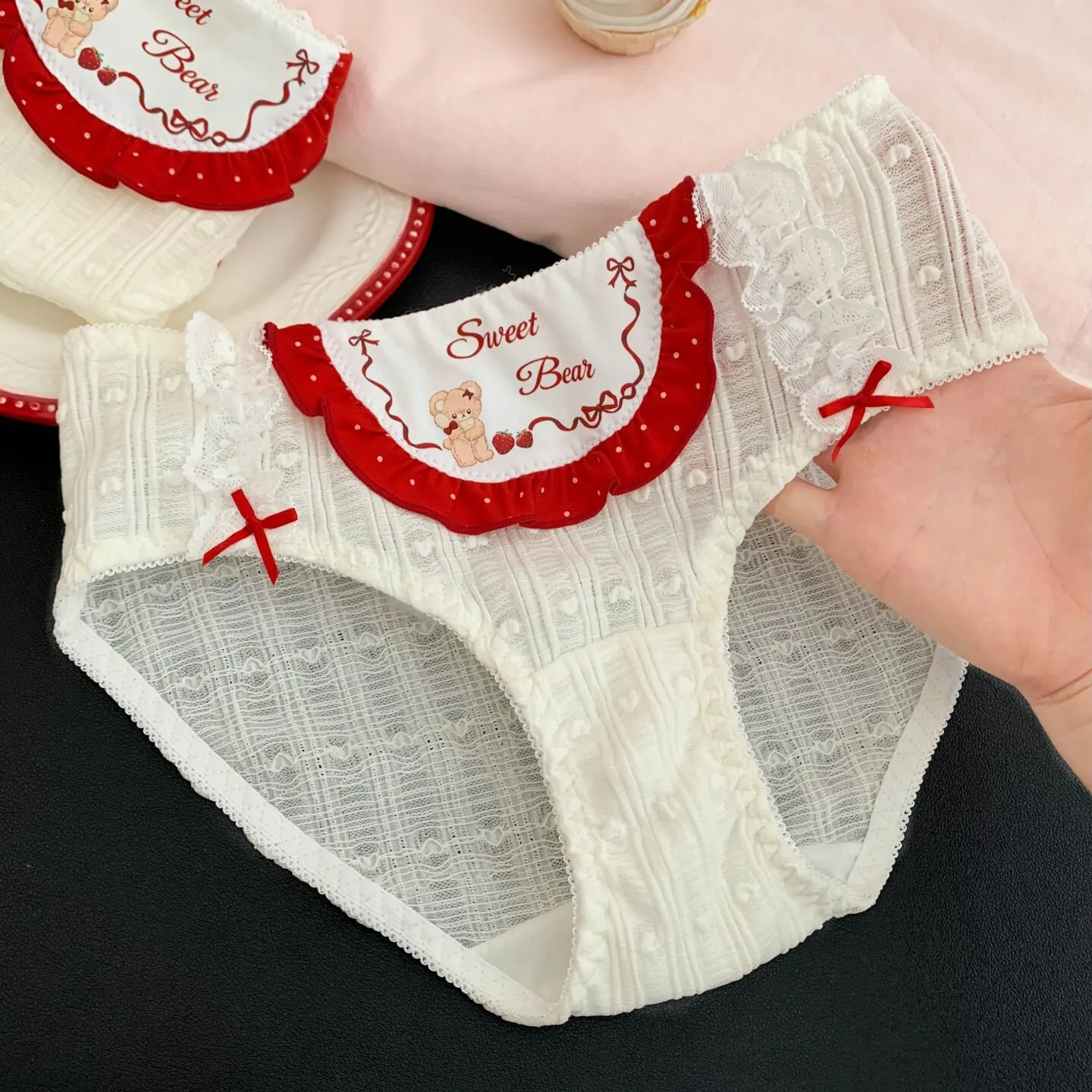 Kawaii Sweet Bear Print Women Cotton Panties Red Ruffle Lace Bow Mid-rise Antibacterial Anti-chafing Girls Brief Underwear