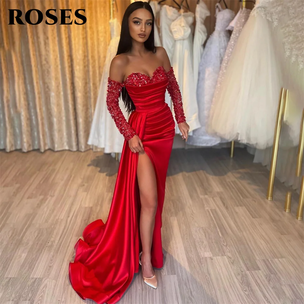 ROSES Red Long Off The Shoulder Party Dress Sequin Vintage Night Dress With High Split Celebrity Dress Custom vestidos de fiesta