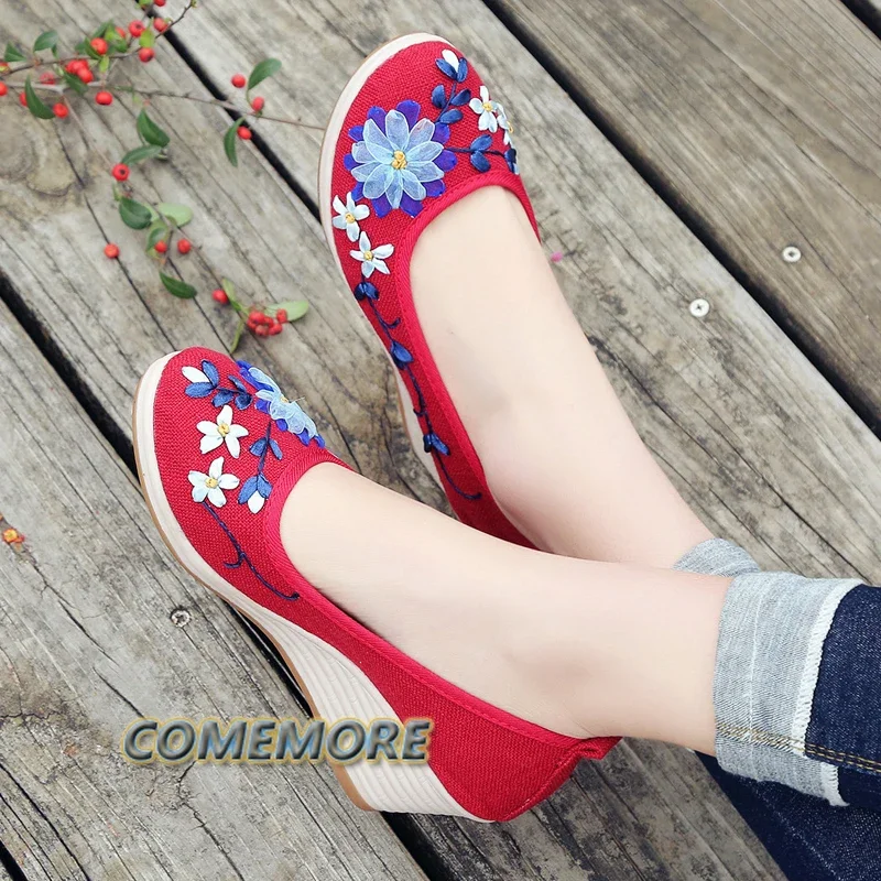 Spring Autumn New Ethnic Style Single Shoes Cloth Woman Embroidered Bowknot Women's Literary Ladies Wedges Heeled Shoes Comfort