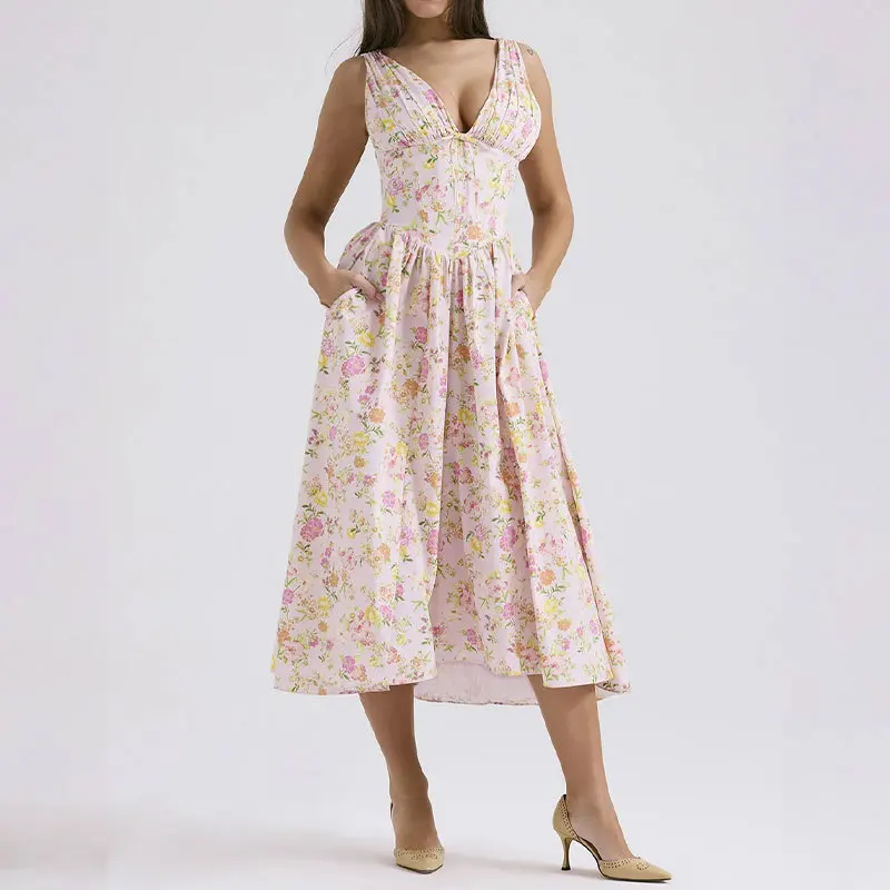 VEITCHE Summer Women Dress Sexy Deep V Neck Party Flowers Print Sleeveless Slim Midi Tank Dresses Beach Vacation Vestidos