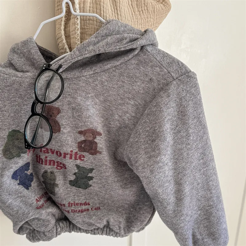 2024 Winter New Children Fleece Hooded Sweatshirt Baby Girls Plus Velvet Thick Cartoon Print Pullover Kids Boys Casual Hoodie