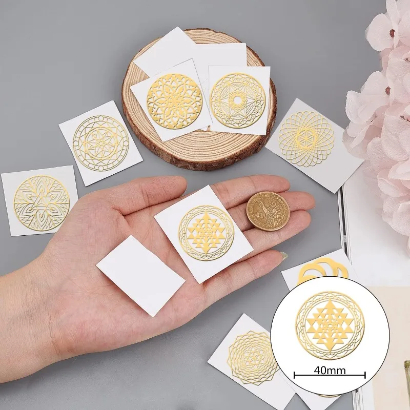 9Pcs Sacred Geometry Stickers Decals Orgone Gold Metal Stickers Energy Tower Material for DIY Scrapbooks Resin Crafts Phone